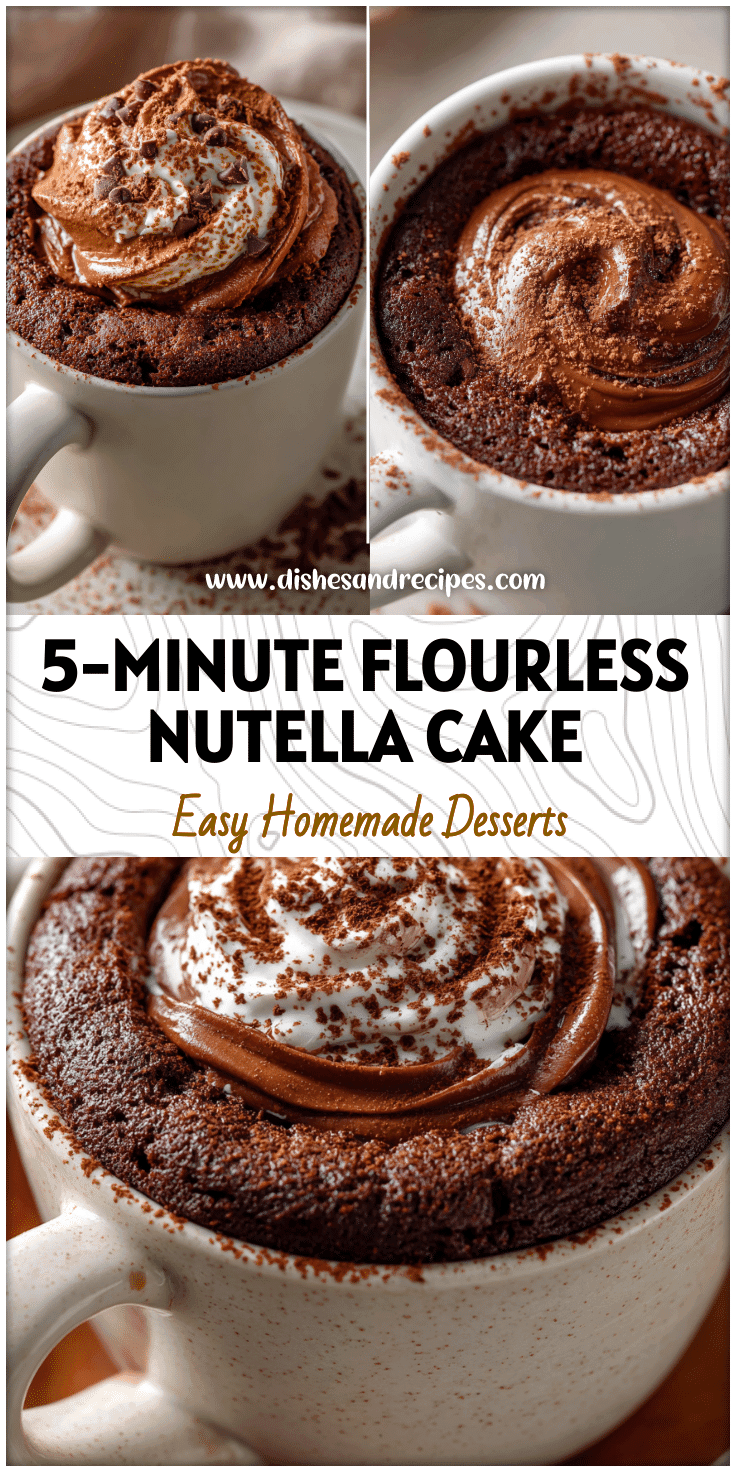 A warm Chocolate Nutella Mug Cake Flourless made in a white mug topped with creamy Nutella swirl and cocoa dust.